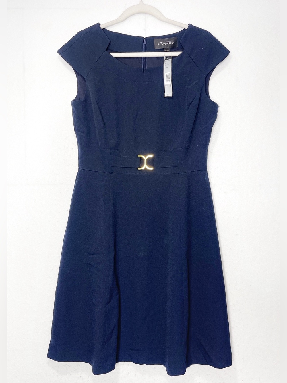 Chelsea Rose Navy Blue Sheath Dress Gold Buckle Detail Career Wear Cap Sleeve 10